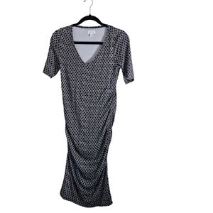 A Glow Maternity Dress Black White Ruched Stretchy Knit V Neck Sz Small Bodycon